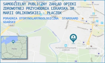 PORADNIA OTORYNOLARYNGOLOGICZNA - SAMODZIELNY PUBLICZNY ZAKŁAD OPIEKI ZDROWOTNEJ PRZYCHODNIA LEKARSKA IM. MARII ORLIKOWSKIEJ - PŁACZEK - UL. GEN. JÓZEFA HALLERA 21,  STAROGARD GDAŃSKI